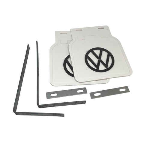 White Mud Flaps w/Logo and Brackets for 1950-On VW Beetle 111821805B-WS